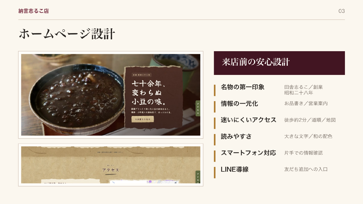 来店前の安心につなげるホームページ設計をまとめた制作資料